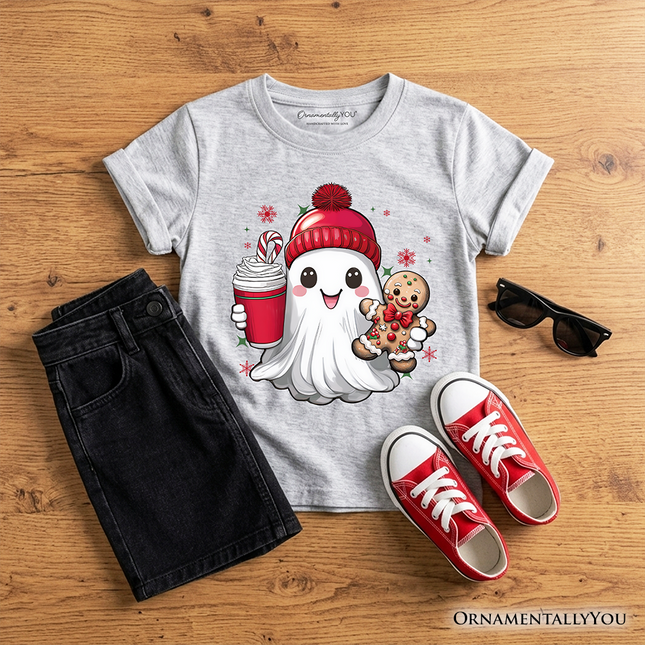Kids Cute Ghost Christmas T-Shirt, Adorable Gingerbread and Cocoa Holiday Youth Tee