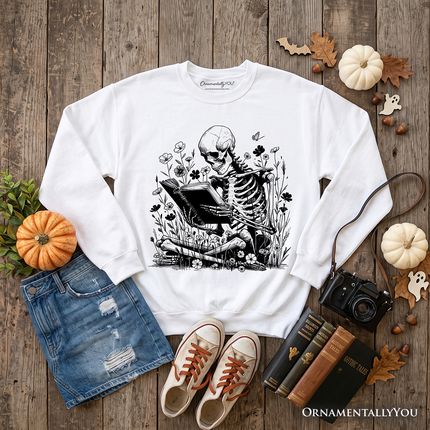 Gothic Reading Skeleton Sweatshirt, Floral Halloween Sweater for Spooky Bookworms