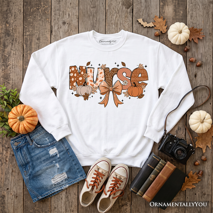 Nurse Coquette Autumn Sweatshirt, Cozy Fall Pumpkins Sweater for Healthcare Heroes