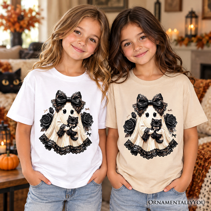 Kids Gothic Ghost with Black Cat T-Shirt, Black Rose Coquette Halloween Youth Tee
