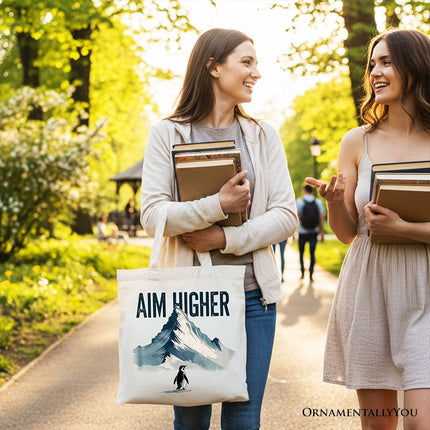 Aim Higher Penguin Tote Bag, Vintage Mountain Motivational Quote Gift Shopper