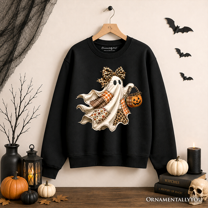 Patchwork Ghost with Leopard Bow Sweatshirt, Rustic Halloween Pumpkin Trick or Treat Sweater