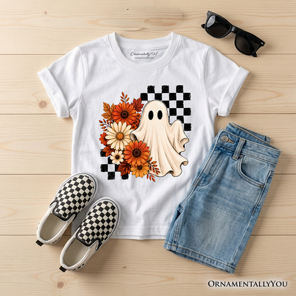 Kids Checkered Floral Ghost T-Shirt, Vintage Fall Halloween Daisy Youth Tee