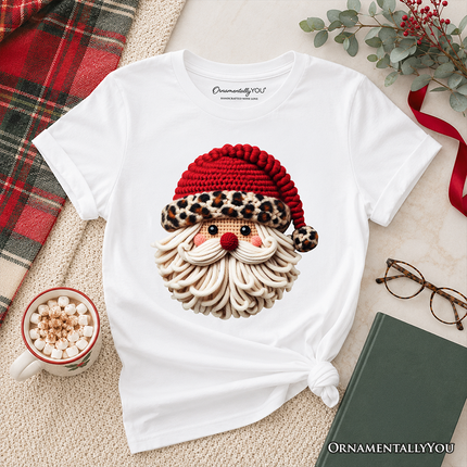 Kids Santa Leopard Hat Christmas T-Shirt, Imitation Latch Hook Yarn Cozy Youth Tee