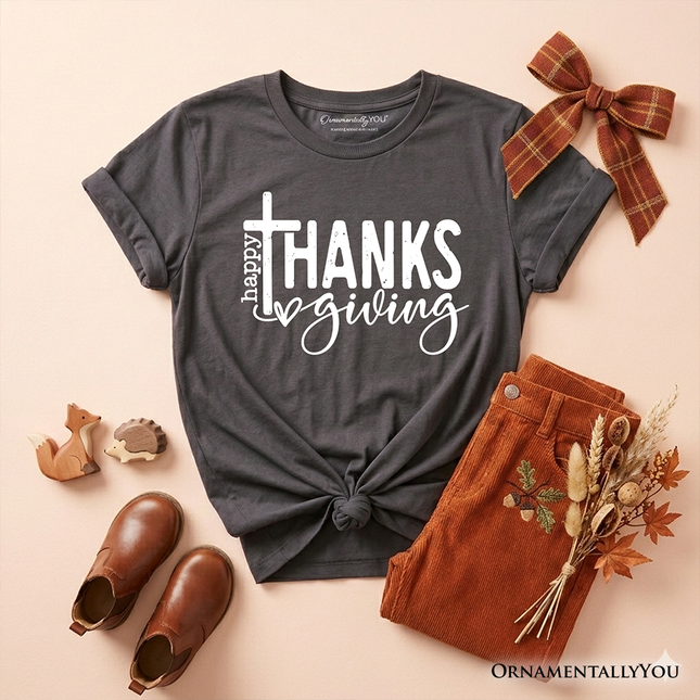 Kids Happy Thanksgiving Minimalist T-Shirt, Christian Religious Fall Tee for Youth