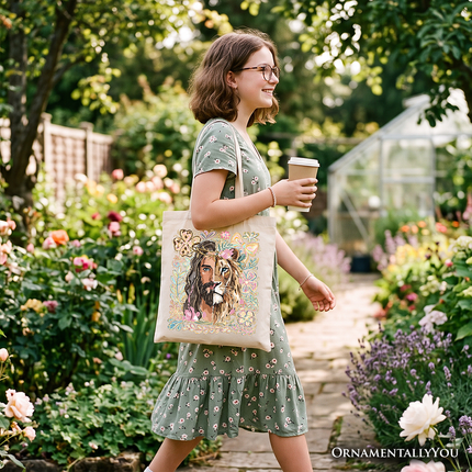 Lion of Judah Christian Tote Bag, Floral Jesus Religious Faith Gift Shopper
