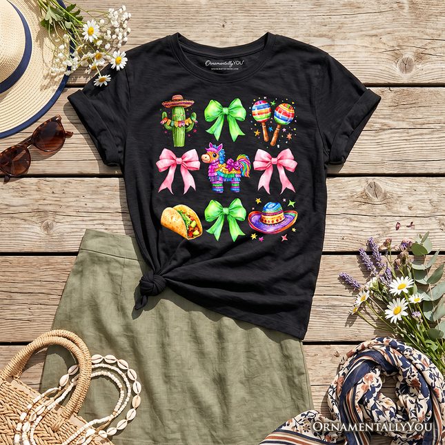 Kids Cinco De Mayo Coquette Bow T-Shirt, Mexican Fiesta Maracas Youth Tee