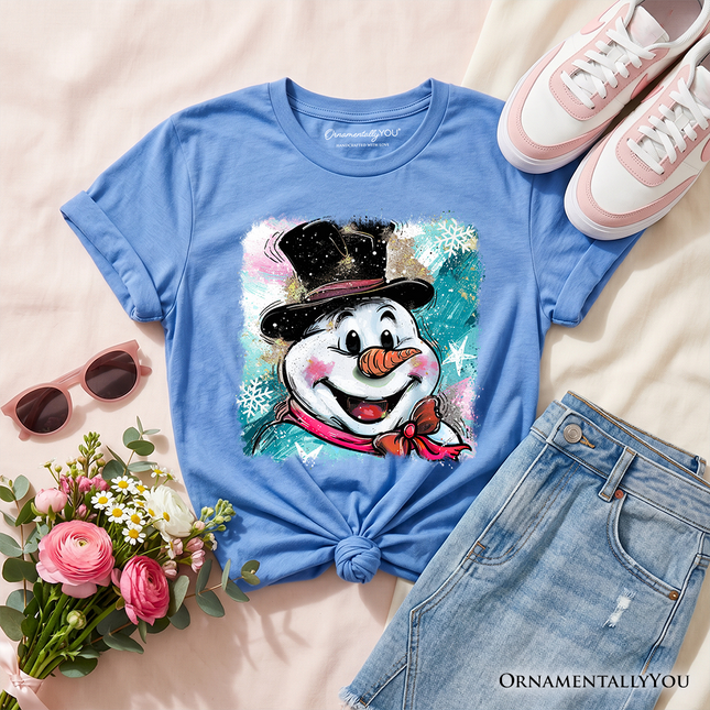 Kids Brushstroke Cute Snowman T-Shirt, Preppy Youth Merry Christmas Glitter Holiday Tee