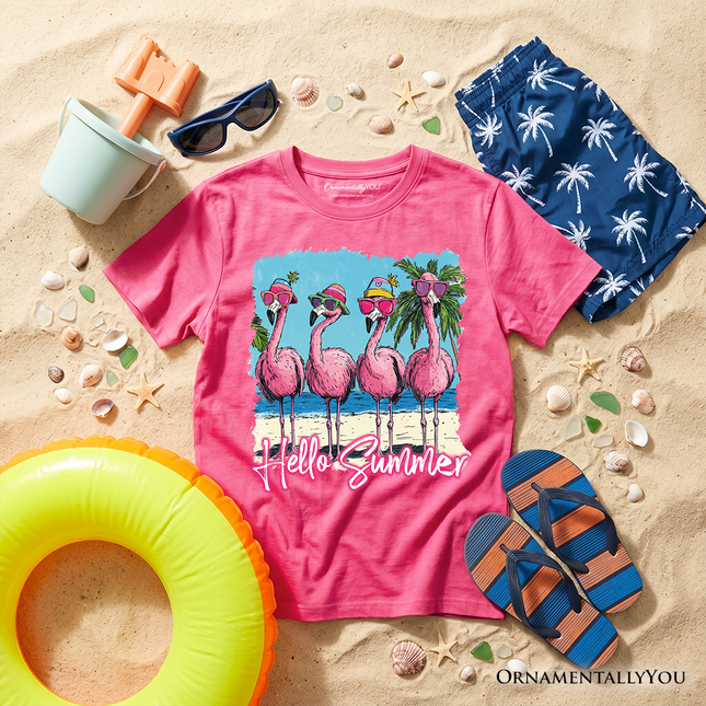 Kids Flamingo Hello Summer T-Shirt, Tropical Beach Vacation Youth Tee
