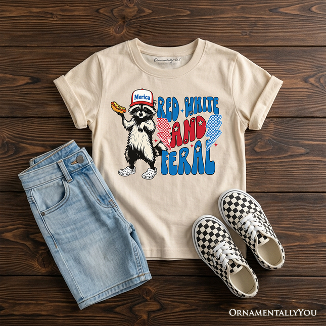 Kids Red, White & Feral Raccoon T-Shirt, Wild Youth Patriot American Tee