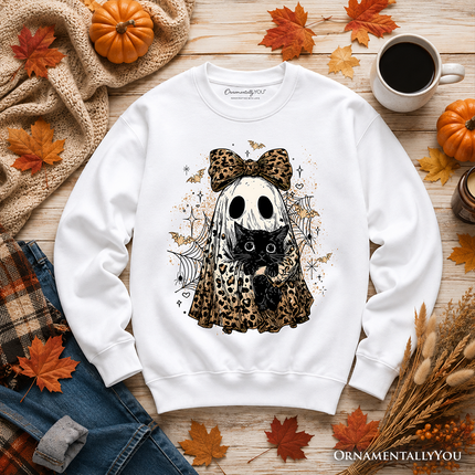 Leopard Bow Ghost with Black Cat Sweatshirt, Spooky Halloween Spider Web Sweater