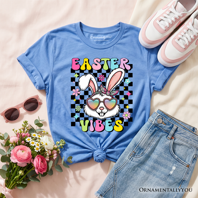 Kids Retro Easter Bunny Sunglasses T-Shirt, Groovy Youth Checkered Tee