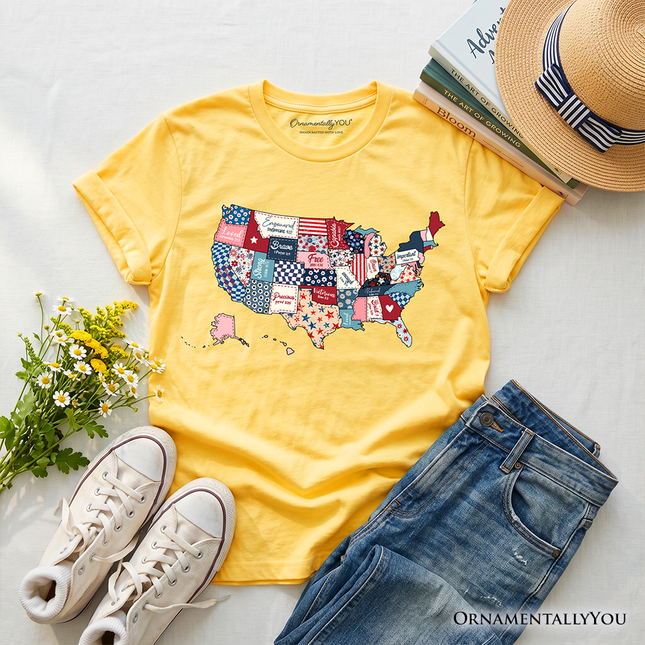 Kids Patriotic Patchwork USA T-Shirt, Quilted Map Youth Tee for American Fans