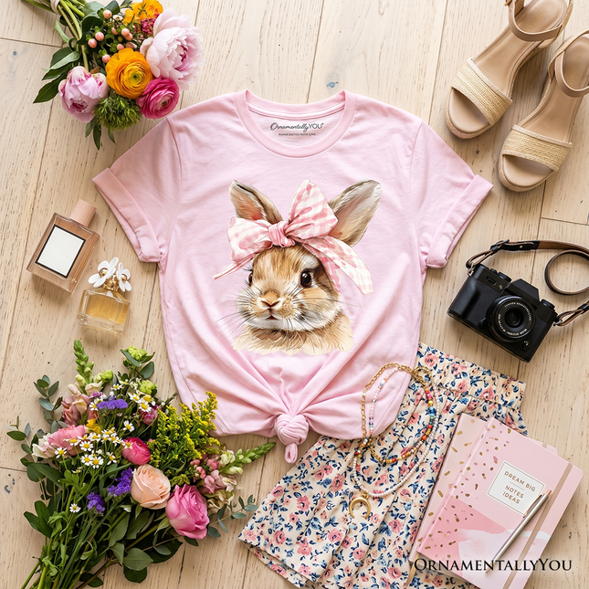 Kids Easter Bunny Coquette Pink Bow T-Shirt, Cute Watercolor Spring Tee for Youth Girls