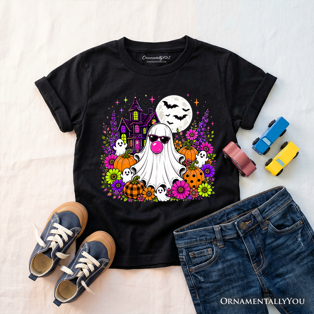 Kids Bubblegum Ghost Haunted House T-Shirt, Colorful Floral Halloween Pumpkin Youth Tee