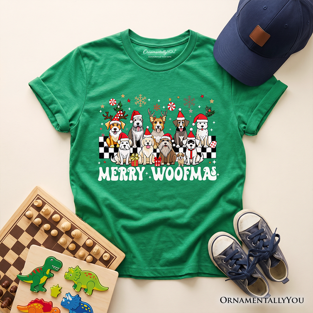 Kids Merry Woofmas Dog T-Shirt, Dogs With Santa Hats Christmas Youth Tee