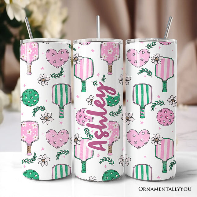 Sporty Coquette Pink Retro Pickleball 20oz Personalized Tumbler With Lid and Stainless Steel Straw, Valentine Travel Mug Gift