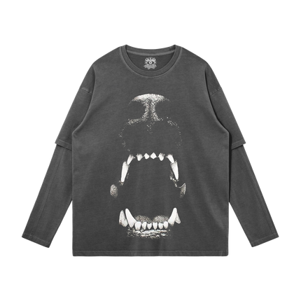 Dog Bite Streetwear Faux Layered Long Sleeve Tee In Faded Dark Grey 230 GSM Durable True To Size