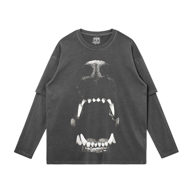 Dog Bite Streetwear Faux Layered Long Sleeve Tee In Faded Dark Grey 230 GSM Durable True To Size