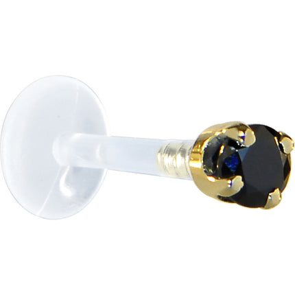 16G 5/16 Solid 14K Yellow Gold 3mm Black Cubic Zirconia Bioplast Tragus Earring Stud