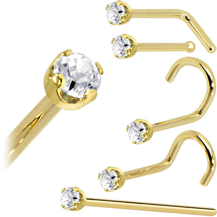 Solid 14K Yellow Gold 2mm Clear Cubic Zirconia Nose Ring
