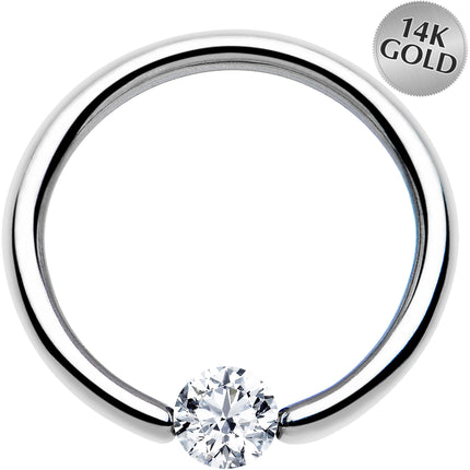 16G 3/8 Solid 14k White Gold 3mm Clear Cubic Zirconia Tension Captive Ring