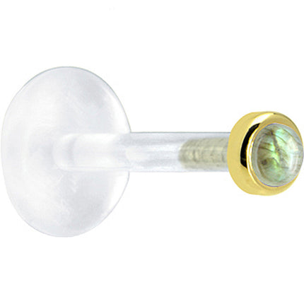 16G 1/4 Solid 14K Yellow Gold 2mm Genuine Labradorite Bioplast Tragus Earring Stud