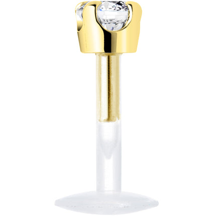 16G 1/4 Solid 14K Yellow Gold 3mm Clear Cubic Zirconia Bioplast Tragus Earring Stud