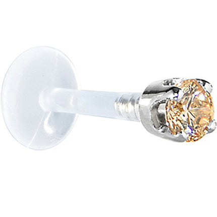 16G 1/4 Solid 14K White Gold 3mm Champagne Cubic Zirconia Bioplast Tragus Earring Stud