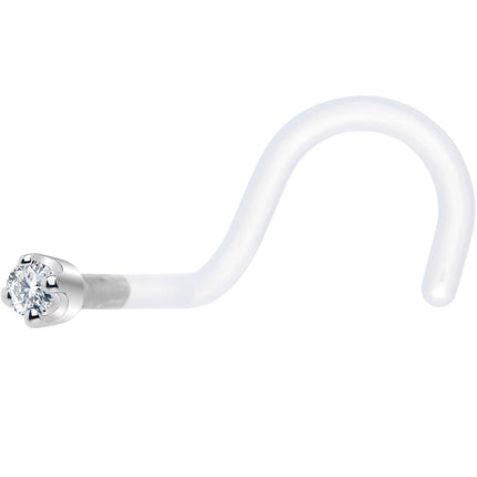 18G 1/4 White Gold 1.5mm Clear Cubic Zirconia Bioplast Nose Ring
