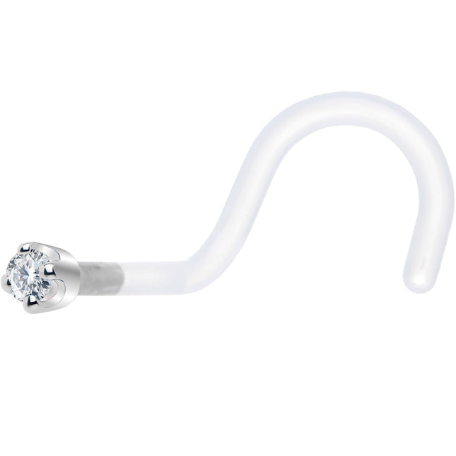 18G 1/4 White Gold 1.5mm Clear Cubic Zirconia Bioplast Nose Ring