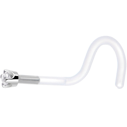 18G 1/4 White Gold 1.5mm Clear Cubic Zirconia Bioplast Nose Ring