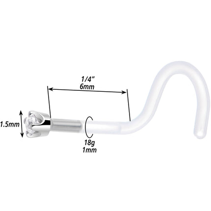 18G 1/4 White Gold 1.5mm Clear Cubic Zirconia Bioplast Nose Ring