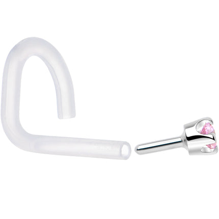 18G 1/4 White Gold 1.5mm Pink Cubic Zirconia Bioplast Nose Ring