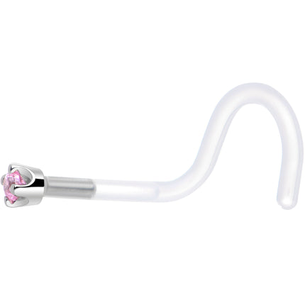 18G 1/4 White Gold 1.5mm Pink Cubic Zirconia Bioplast Nose Ring