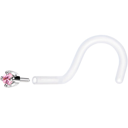 18G 1/4 White Gold 1.5mm Pink Cubic Zirconia Bioplast Nose Ring