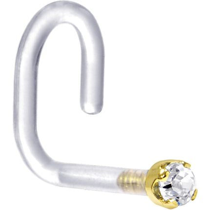 18G 1/4 Yellow Gold 1.5mm Clear Cubic Zirconia Bioplast Nose Ring