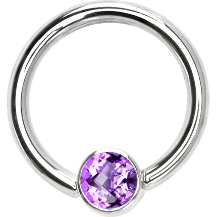 14G 3/8 Solid 14K White Gold Purple CZ Gem Captive Ring
