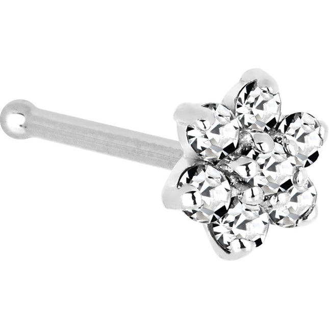 Solid 14K White Gold Clear Cubic Zirconia Flower Nose Ring