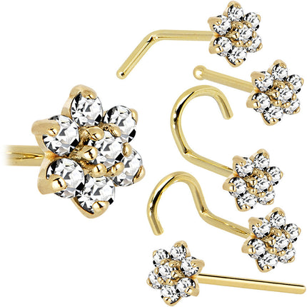 Solid 14K Yellow Gold Clear Cubic Zirconia Flower Nose Ring