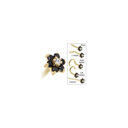 Solid 14K Yellow Gold Black and Clear Cubic Zirconia Flower Nose Ring