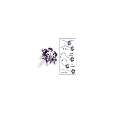 Solid 14K White Gold Amethyst and Clear Cubic Zirconia Flower Nose Ring