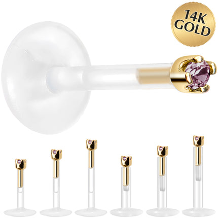 Solid 14K Yellow Gold June 1.5mm CZ Bioplast Push in Labret Monroe