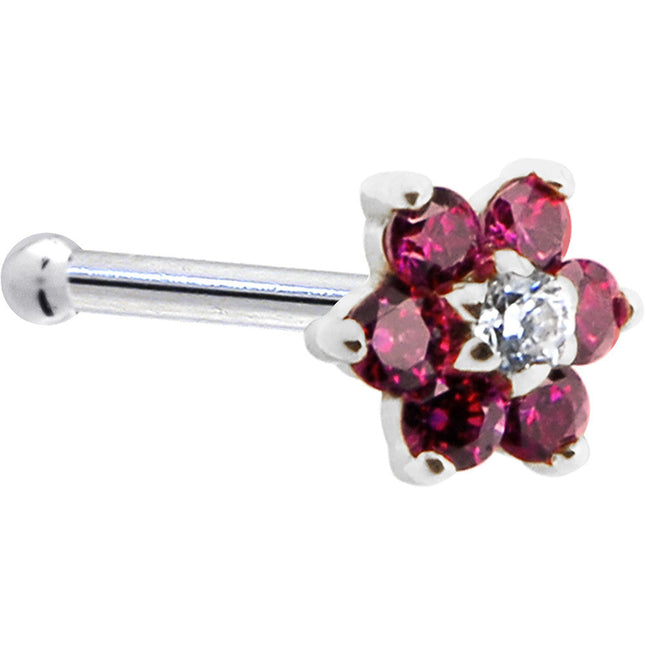 Solid 14K White Gold Red and Clear Cubic Zirconia Flower Nose Ring