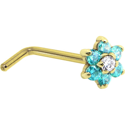 Solid 14K Yellow Gold Mint Green and Clear Cubic Zirconia Flower Nose Ring