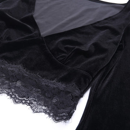 Ins Goth Sexy Women Gothic Crop Top Flare Long Sleeve Lace Hollow Out Black  V-neck T-shirt