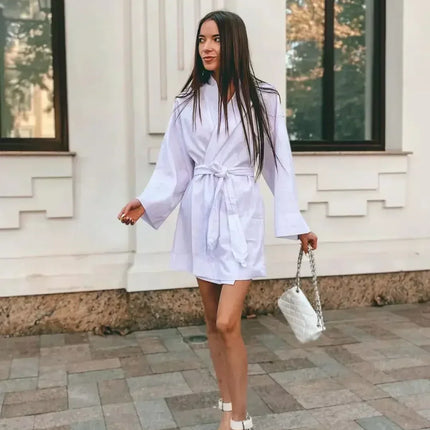 Women's V-Neck Kimono Cardigan Mini Dress Cotton Linen Long Sleeve Sashes Dresses Robe Style Lace Up Summer Loose Vestidos