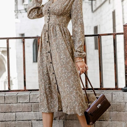 Retro pleated v-neck buttons A-line floral Elegant high waist maxi dress Long lantern sleeves vestido female