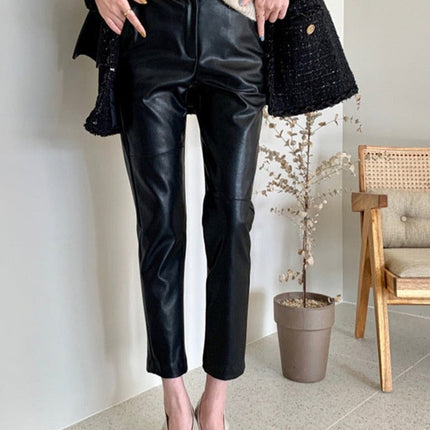 Spliced Loose Leather Pants Women Zipper PU Leather Trousers Women
