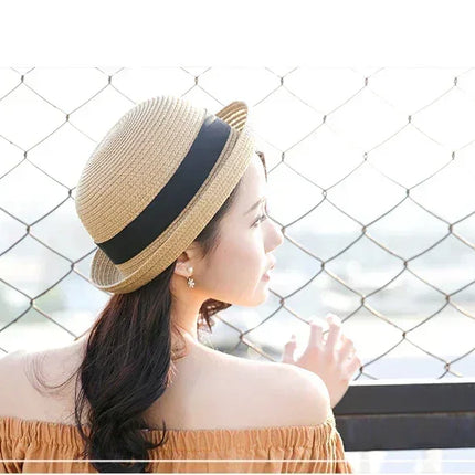 Hats For Women Summer Sun Protection Straw Hat Female Round Top Curled Brim Parent Child Student Sunshade Travel